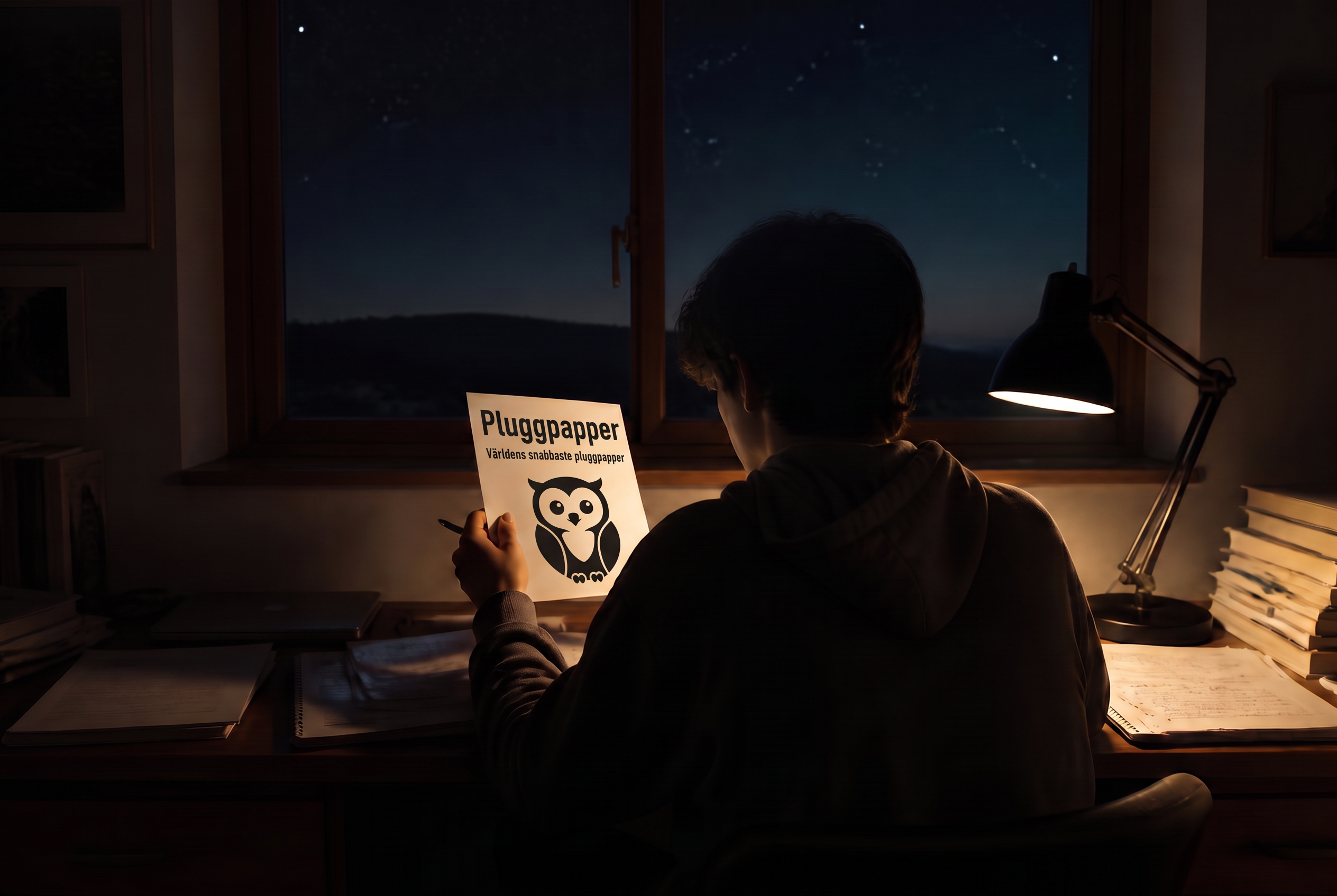 Ungdom som pluggar vid ett skrivbord i ett mörkt rum med sitt pluggpapper i handen