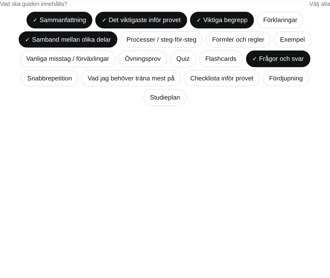 Val i Pluggio: sammanfattning, begrepp, formler, övningsprov, flashcards — eller labbrapport, presentation, quiz och chatt
